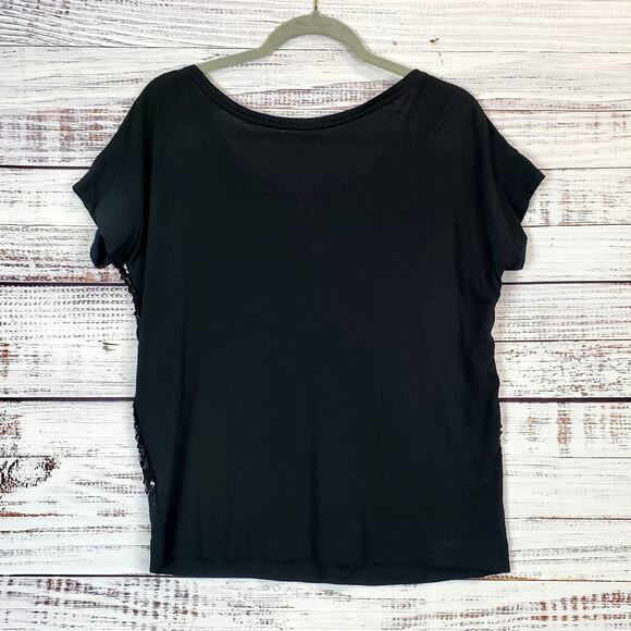 Loft Black Sequin Sparkle Holiday T Shirt M Shimmer Striped Chic Edgy Party Top - Picture 5 of 11